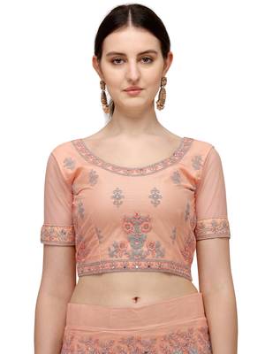 Peach embroidered net semi stitched lehenga 3