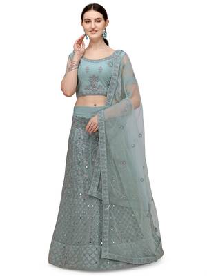 Turquoise embroidered net semi stitched lehenga 1