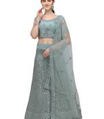 Turquoise embroidered net semi stitched lehenga