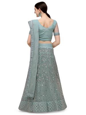 Turquoise embroidered net semi stitched lehenga 2