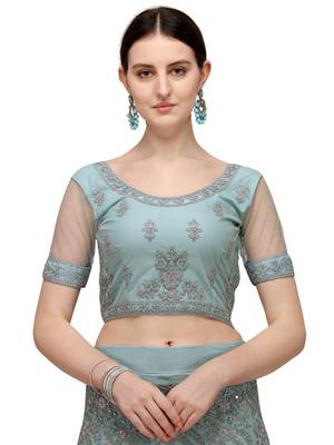 Turquoise embroidered net semi stitched lehenga 3