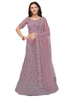 Lavender embroidered net semi stitched lehenga 1