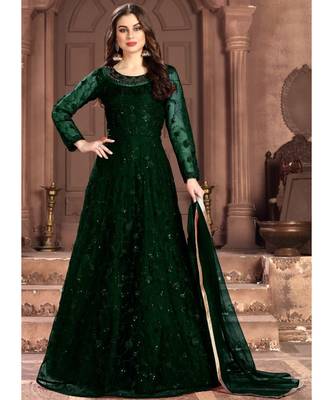 Dark Green Net Embroidery Anarkali Suit 1