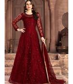 Dark Red Net Embroidery Anarkali Suit