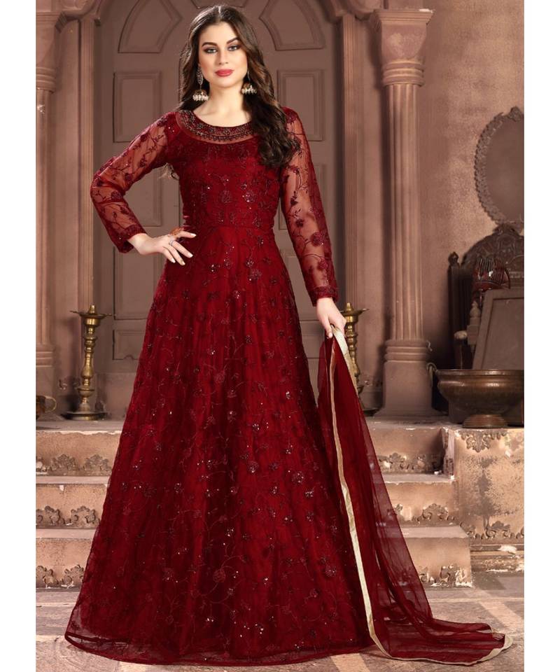 Dark Red Net Embroidery Anarkali Suit
