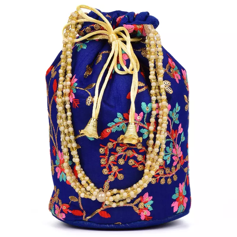 Women's Fulkari Work Embroidered Ethnic Potli Bag (Blue, Single Bag)