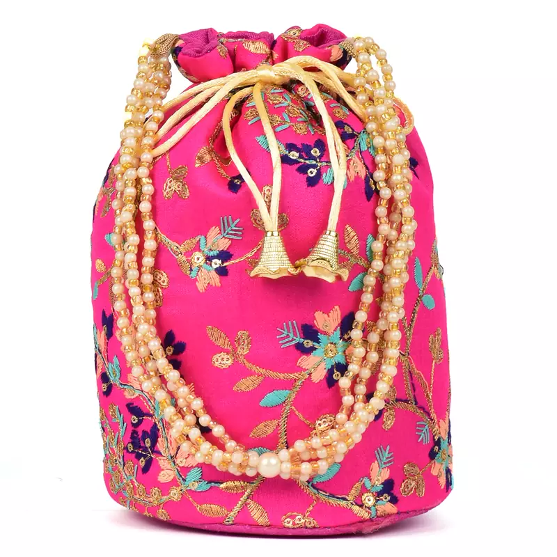 Women's Fulkari Work Embroidered Ethnic Potli Bag (Pink, Single Bag)