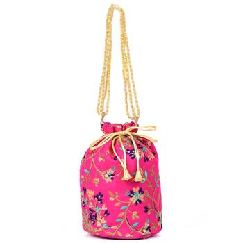 Women's Fulkari Work Embroidered Ethnic Potli Bag (Pink, Single Bag) 2