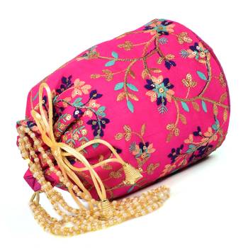 Women's Fulkari Work Embroidered Ethnic Potli Bag (Pink, Single Bag) 3