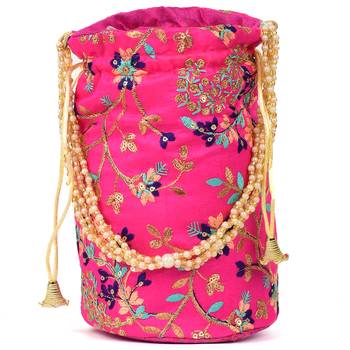 Women's Fulkari Work Embroidered Ethnic Potli Bag (Pink, Single Bag) 4