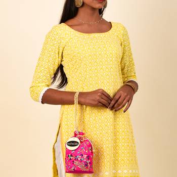 Women's Fulkari Work Embroidered Ethnic Potli Bag (Pink, Single Bag) 5