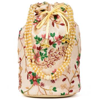 Women's Fulkari Work Embroidered Ethnic Potli Bag (Beige, Single Bag) 1
