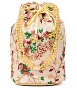 Women's Fulkari Work Embroidered Ethnic Potli Bag (Beige, Single Bag)