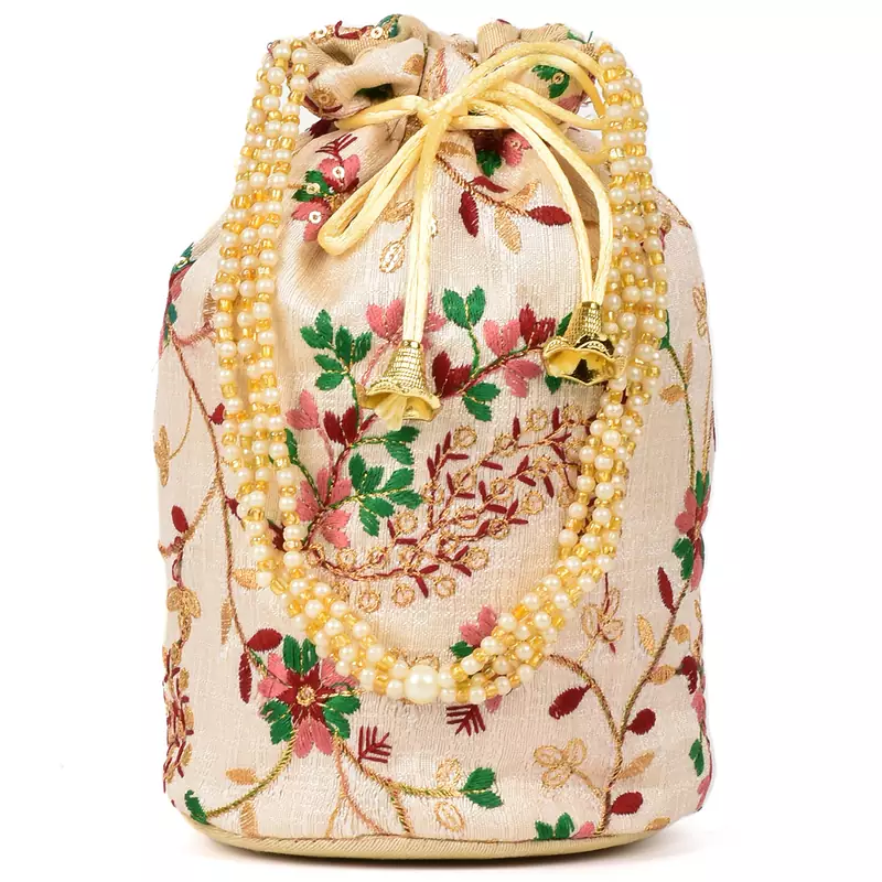 Women's Fulkari Work Embroidered Ethnic Potli Bag (Beige, Single Bag)