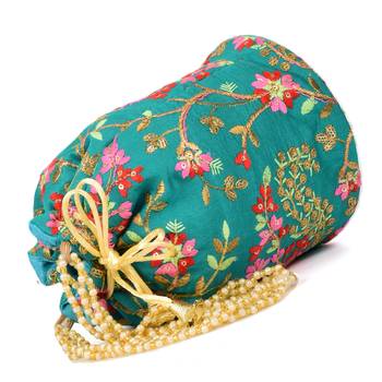 Women's Fulkari Work Embroidered Ethnic Potli Bag (Green, Single Bag) 3