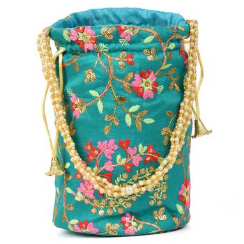 Women's Fulkari Work Embroidered Ethnic Potli Bag (Green, Single Bag) 4