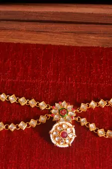 Red pearl Mathapati maang tikka with Pearl Chain for Women