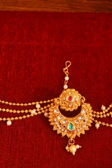 Red pearl Mathapati maang tikka with Pearl Chain for Women