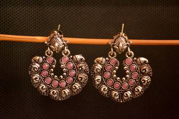 Pink onyx Stone Circular Oxidised Dangler Drop Carved studs Earrings 1