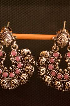 Pink onyx Stone Circular Oxidised Dangler Drop Carved studs Earrings