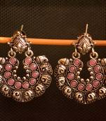 Pink onyx Stone Circular Oxidised Dangler Drop Carved studs Earrings