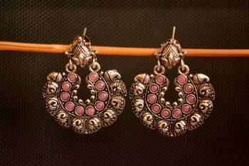 Pink onyx Stone Circular Oxidised Dangler Drop Carved studs Earrings 2