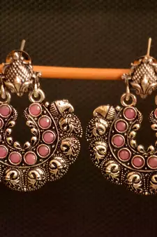 Pink onyx Stone Circular Oxidised Dangler Drop Carved studs Earrings