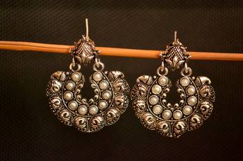 White onyx Stone Circular Oxidised Dangler Drop Carved studs Earrings 1