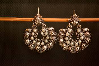 White onyx Stone Circular Oxidised Dangler Drop Carved studs Earrings 2