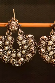 White onyx Stone Circular Oxidised Dangler Drop Carved studs Earrings