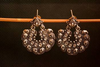 White onyx Stone Circular Oxidised Dangler Drop Carved studs Earrings 1