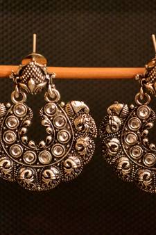 White onyx Stone Circular Oxidised Dangler Drop Carved studs Earrings