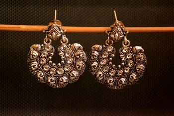 White onyx Stone Circular Oxidised Dangler Drop Carved studs Earrings 2