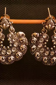 White onyx Stone Circular Oxidised Dangler Drop Carved studs Earrings
