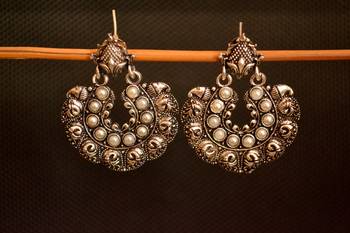 White onyx Stone Circular Oxidised Dangler Drop Carved studs Earrings 1