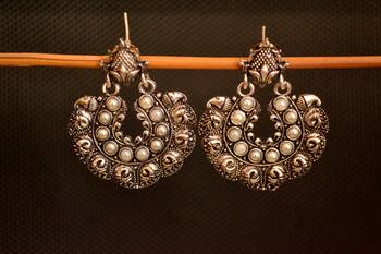 White onyx Stone Circular Oxidised Dangler Drop Carved studs Earrings 2