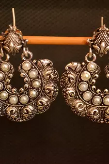 White onyx Stone Circular Oxidised Dangler Drop Carved studs Earrings