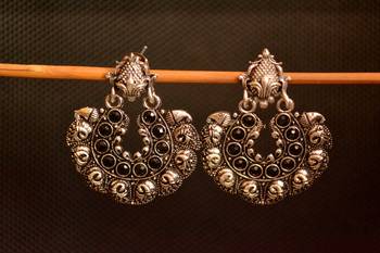 Black onyx Stone Circular Oxidised Dangler Drop Carved studs Earrings 1