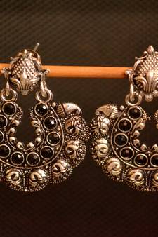 Black onyx Stone Circular Oxidised Dangler Drop Carved studs Earrings