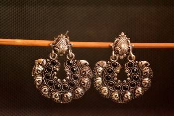 Black onyx Stone Circular Oxidised Dangler Drop Carved studs Earrings 2