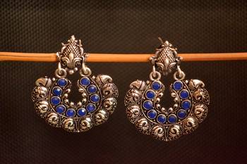 Blue onyx Stone Circular Oxidised Dangler Drop Carved studs Earrings 1