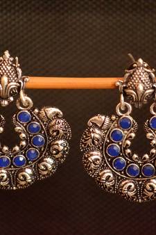 Blue onyx Stone Circular Oxidised Dangler Drop Carved studs Earrings
