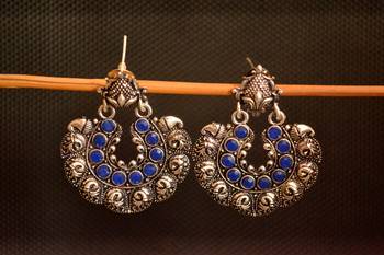 Blue onyx Stone Circular Oxidised Dangler Drop Carved studs Earrings 2