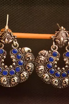 Blue onyx Stone Circular Oxidised Dangler Drop Carved studs Earrings