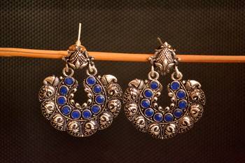 Blue onyx Stone Circular Oxidised Dangler Drop Carved studs Earrings 3