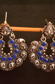Blue onyx Stone Circular Oxidised Dangler Drop Carved studs Earrings