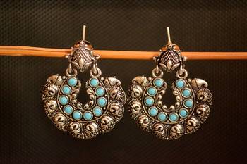 Turquoise onyx Stone Circular Oxidised Dangler Drop Carved studs Earrings 1