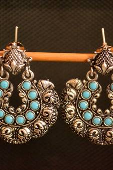 Turquoise onyx Stone Circular Oxidised Dangler Drop Carved studs Earrings