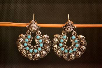 Turquoise onyx Stone Circular Oxidised Dangler Drop Carved studs Earrings 2