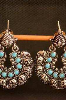 Turquoise onyx Stone Circular Oxidised Dangler Drop Carved studs Earrings